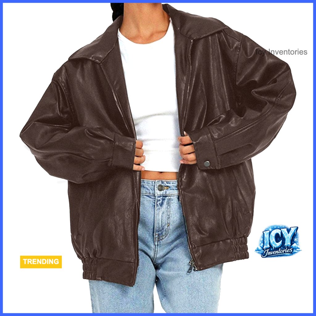 Faux Leather Oversized Bomber Jacket Women's Motorcycle Style